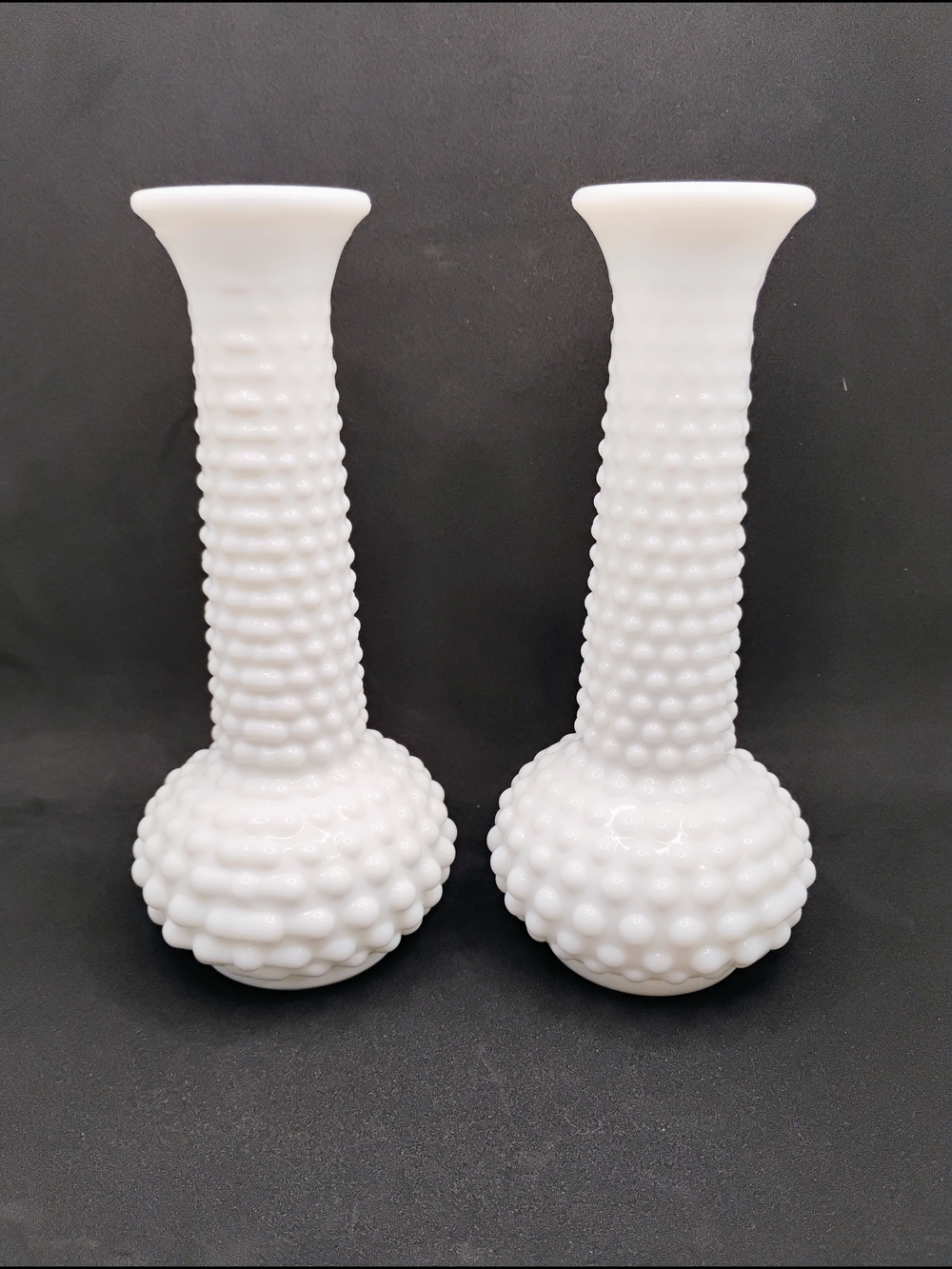 White Hobnail Milk Glass Bud Vase Pair -(2) Decorative Table Accent